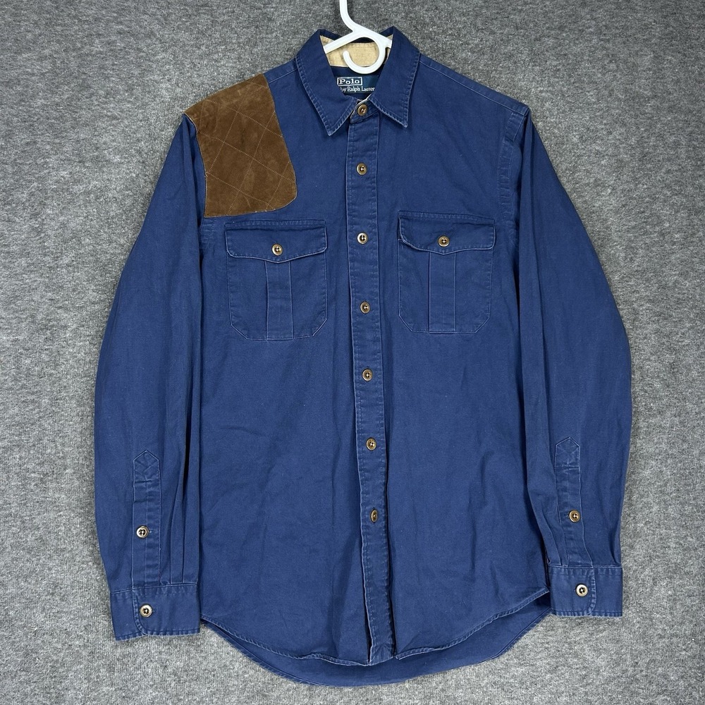Vintage Polo Ralph Lauren Shirt Mens S Blue Suede Pocket Shooting Hunting